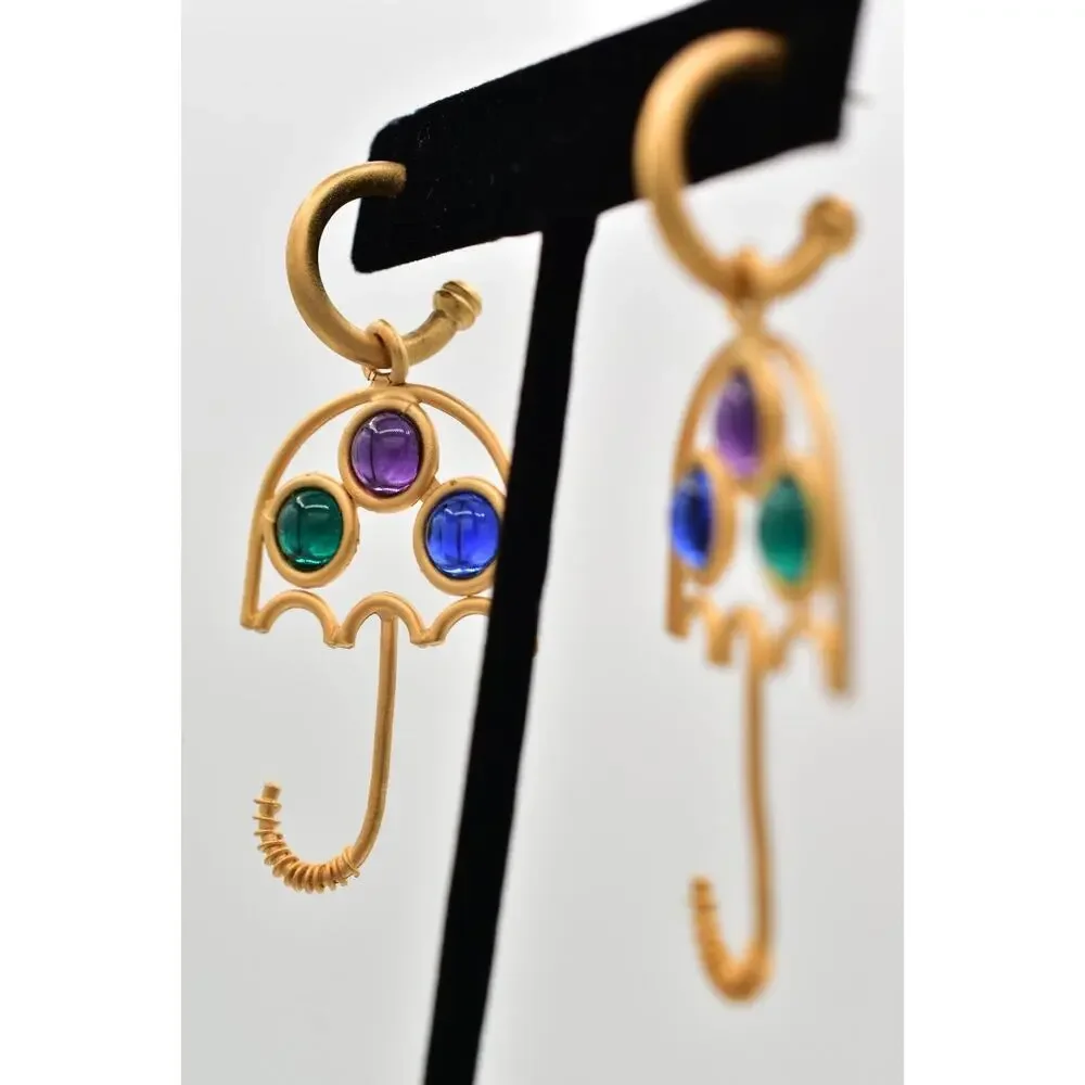 Vintage Cabochon Umbrella Dangle Earrings Brushed Gold Matte NOS 1980s BinBK